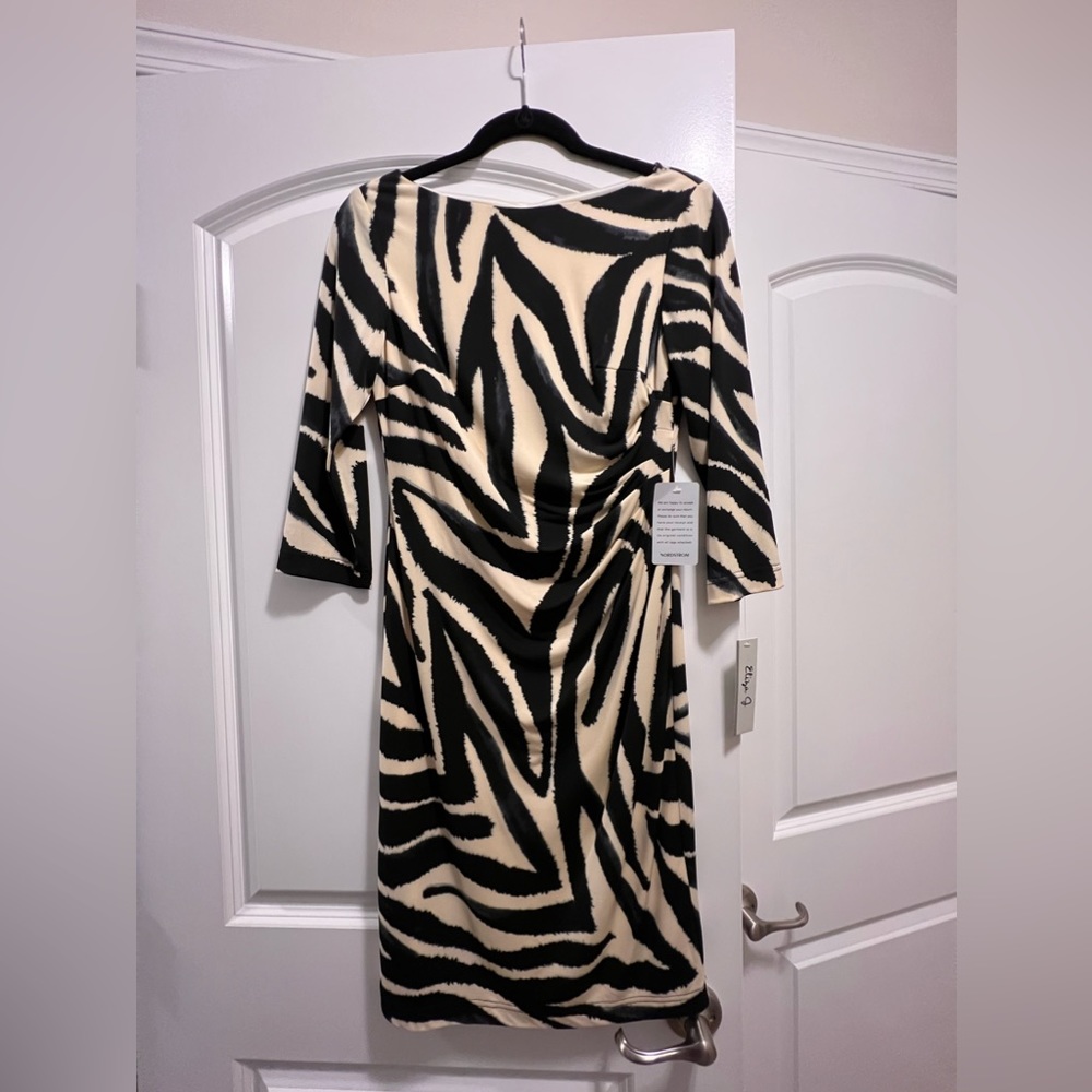NWT ELIZA J Ivory & Black Zebra Print 3/4 Sleeve Dress Size 2